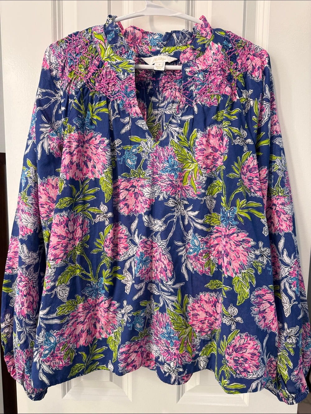 Lilly Pulitzer Navy Floral Smocked-Yoke Blouse with Pink Blossoms